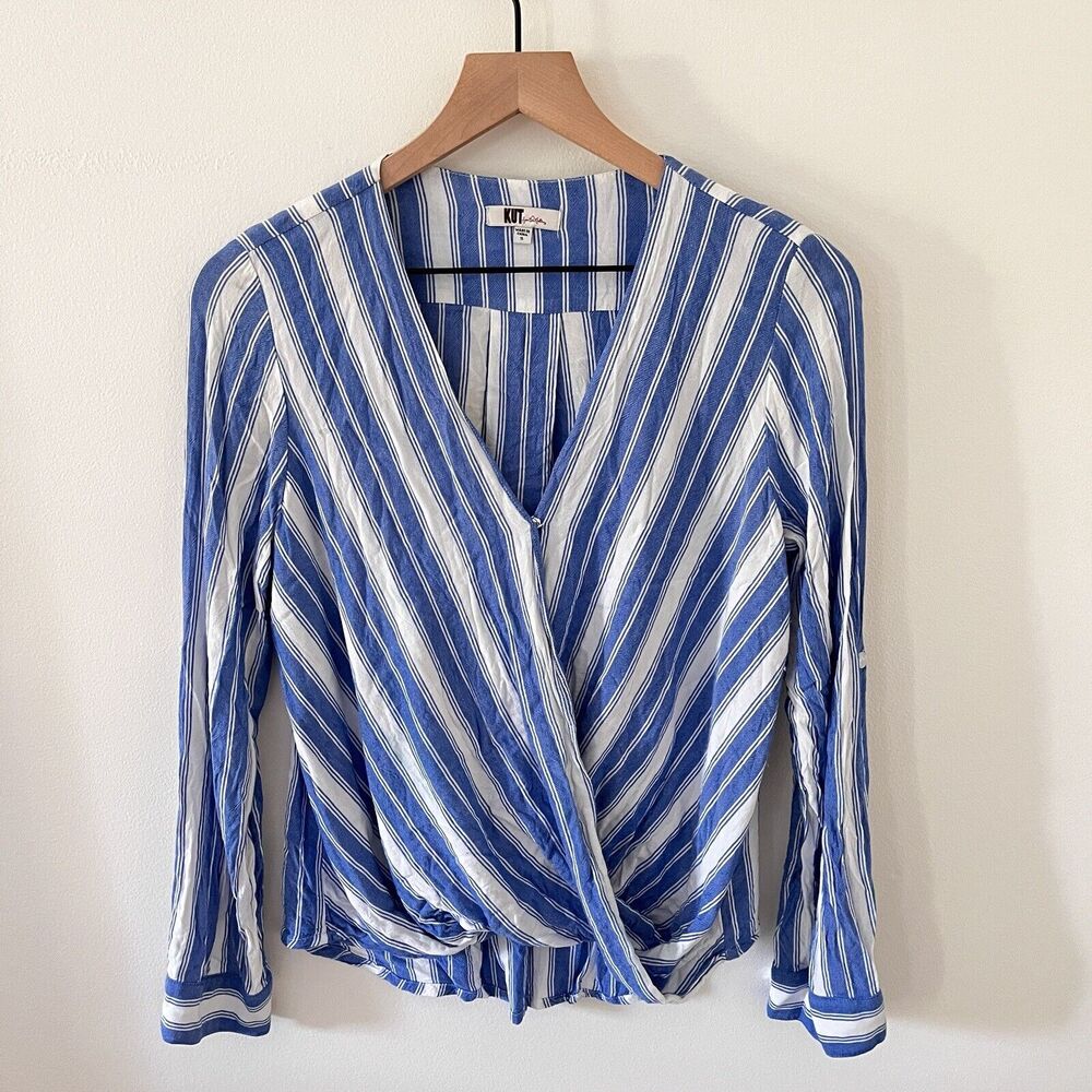 Kut from the Kloth Womens Blouse Small Blue Striped Crossover Roll Tab Sleeve - Picture 1 of 6